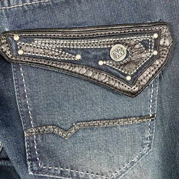 Vintage Y2K Grunge Straight Leg Mid-Rise Dark Wash Feathered Jeans 14 Leather - Picture 8 of 16